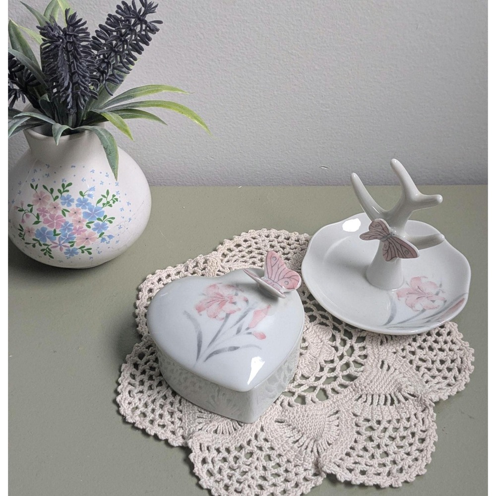 Vintage Giftcraft Japan Heart Trinket Box & Ring Holder Butterfly Set